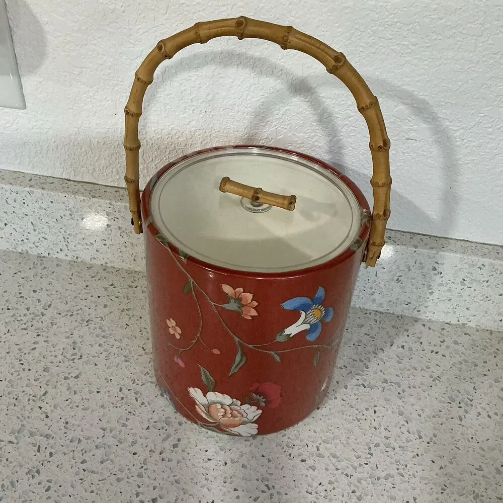 Vintage Vinyl Floral Asian Inspired Ice Bucket Retro MCM Regency Red Bamboo